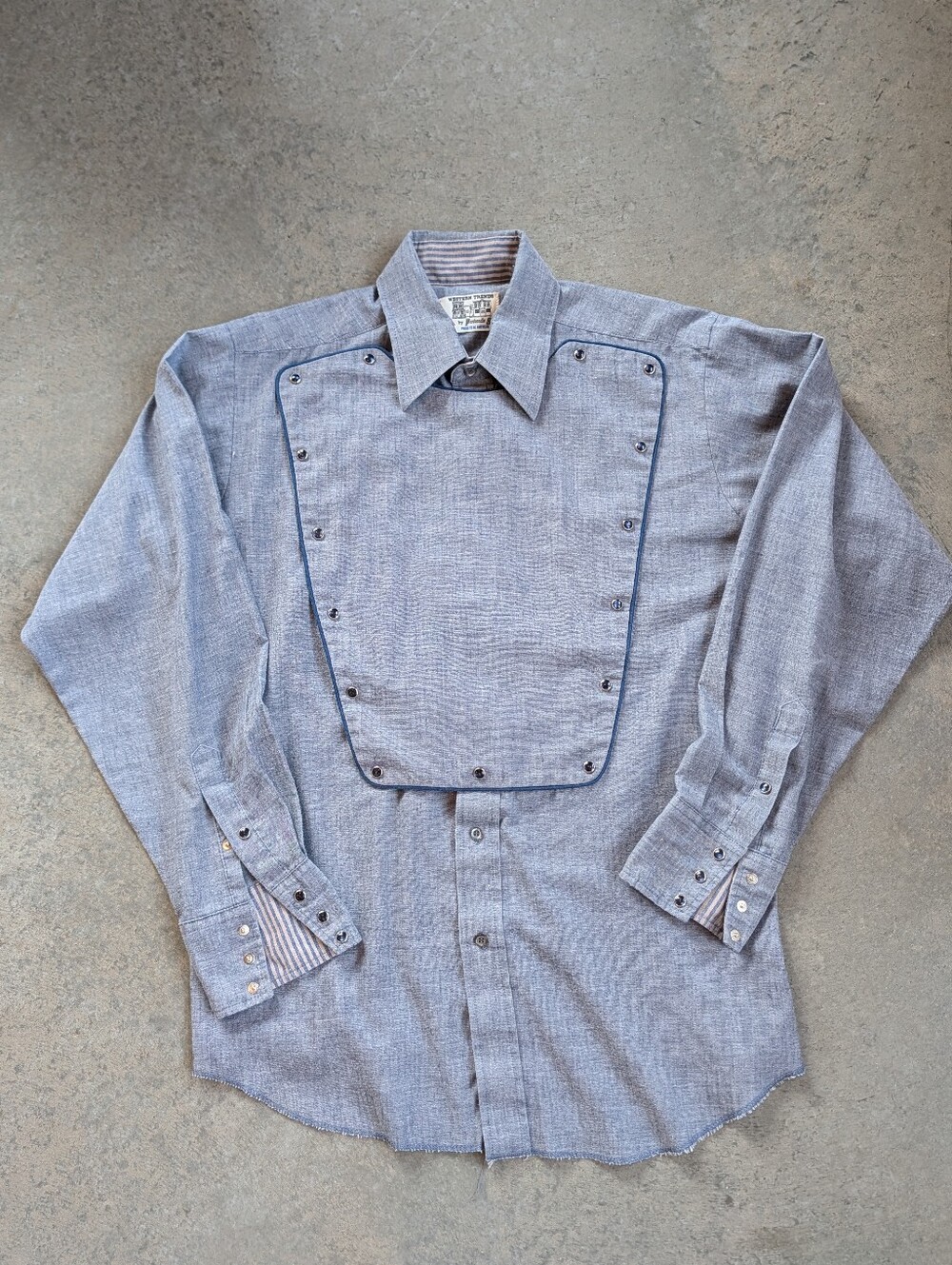 70s Western Calvary Bib Front Cowboy Shirt BLUE Pearl Snap Men's L 🐎USA
